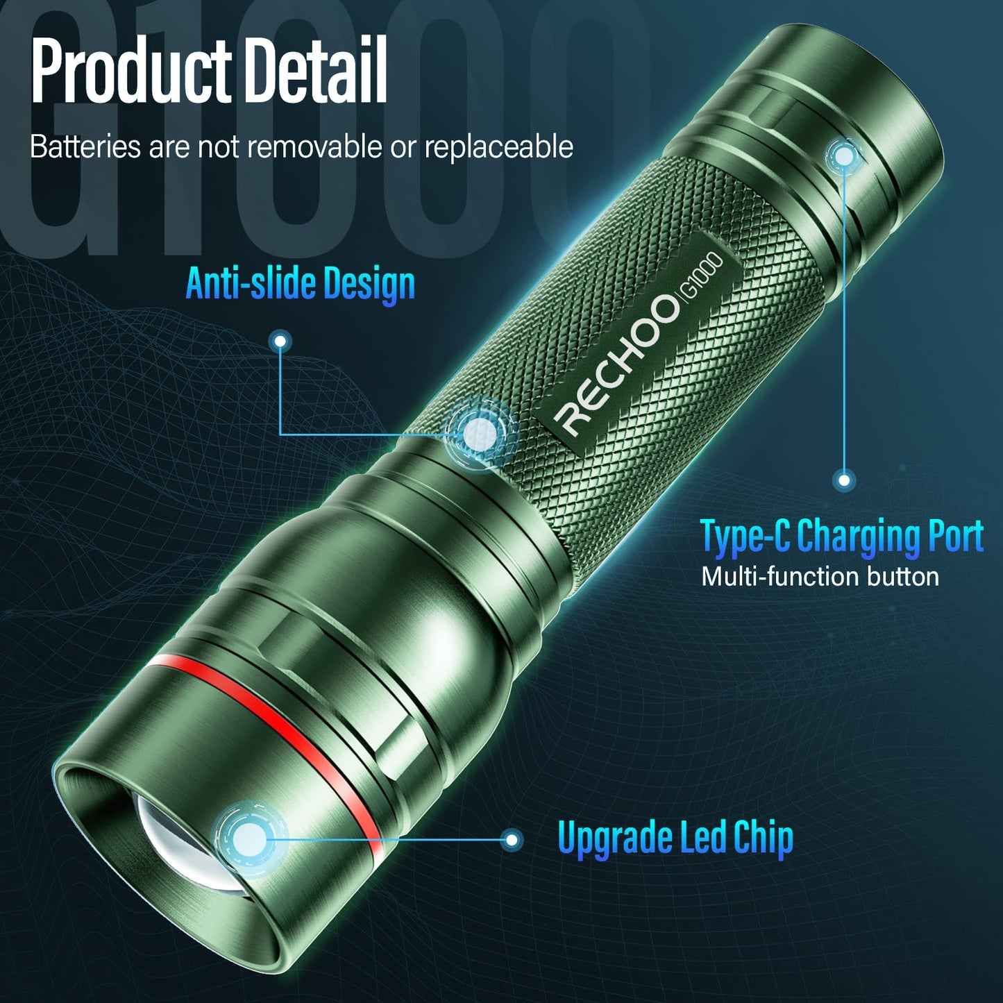 RECHOO G1000 Rechargeable Flashlight, 3 Lighting Modes, Aluminum, 1 Pack, Green