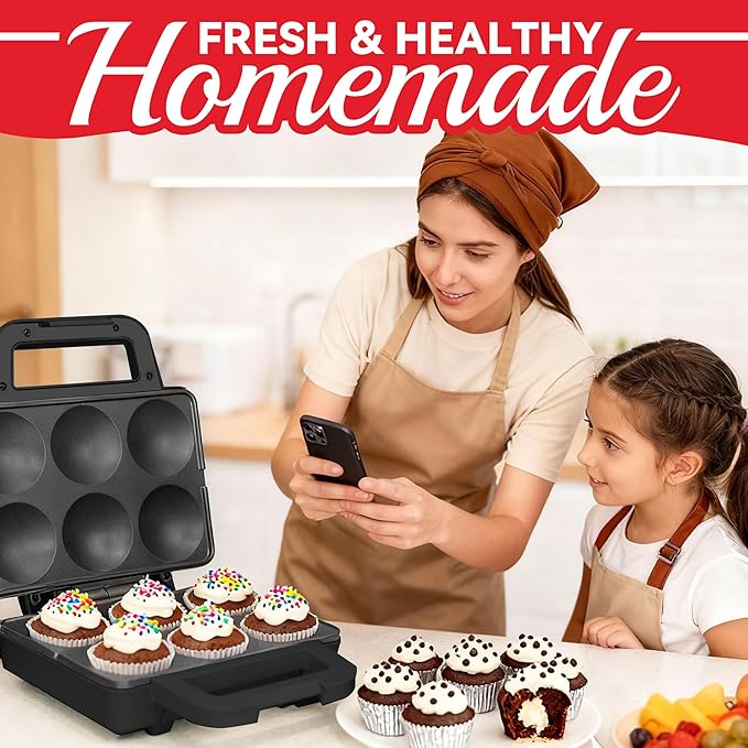 6-Count Cupcake Maker Machine, Bakes 6 X 2.5 Inch Cupcakes, Muffins, Pizza Cups, Cinnamon Buns, Cool-touch Handle, Non-stick Coating, Recipe Included, Graphite