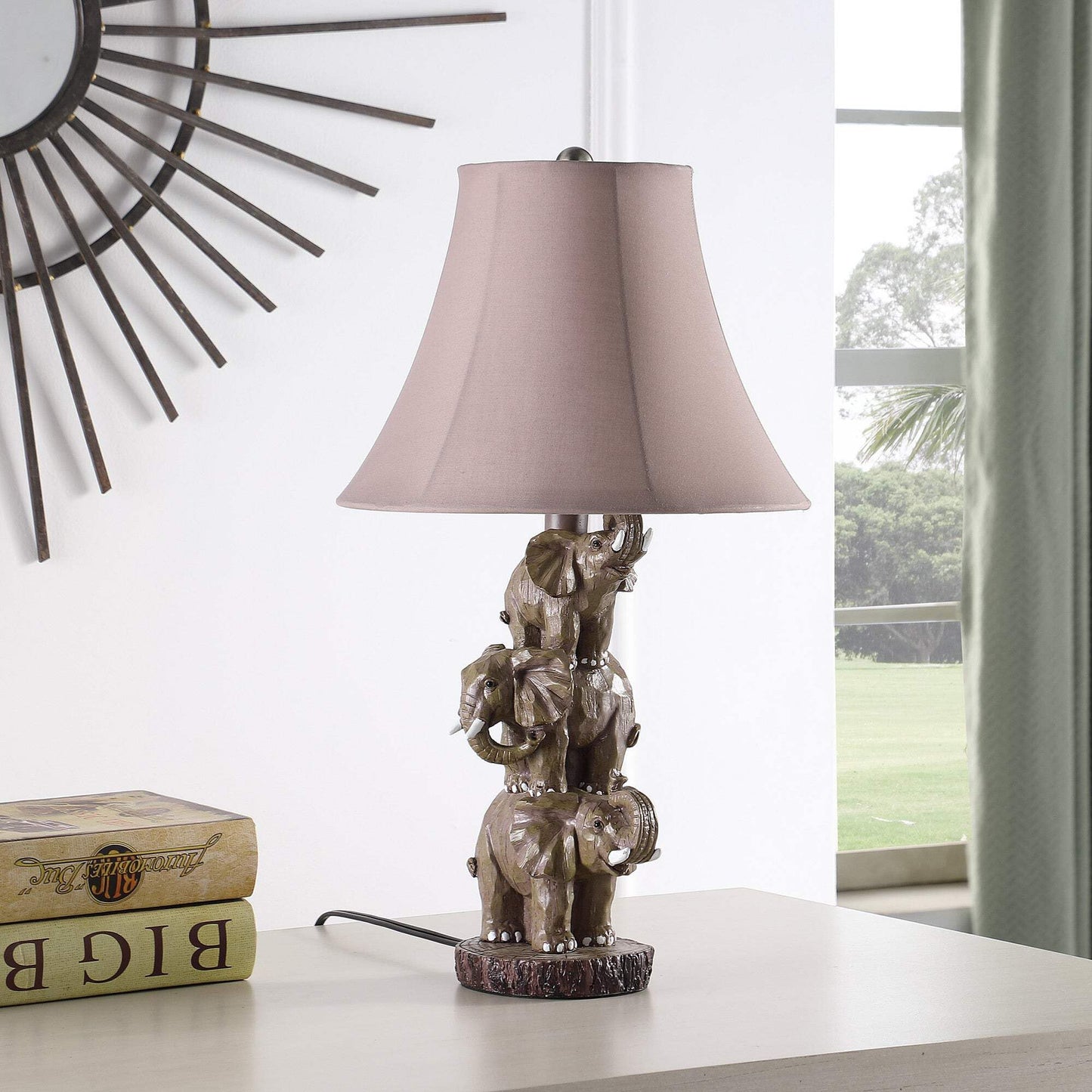 HomeRoots Elephant Trio Table Lamp with Brown Bell Shade, 21 x 11.75 x 11.75 in, Model 524261