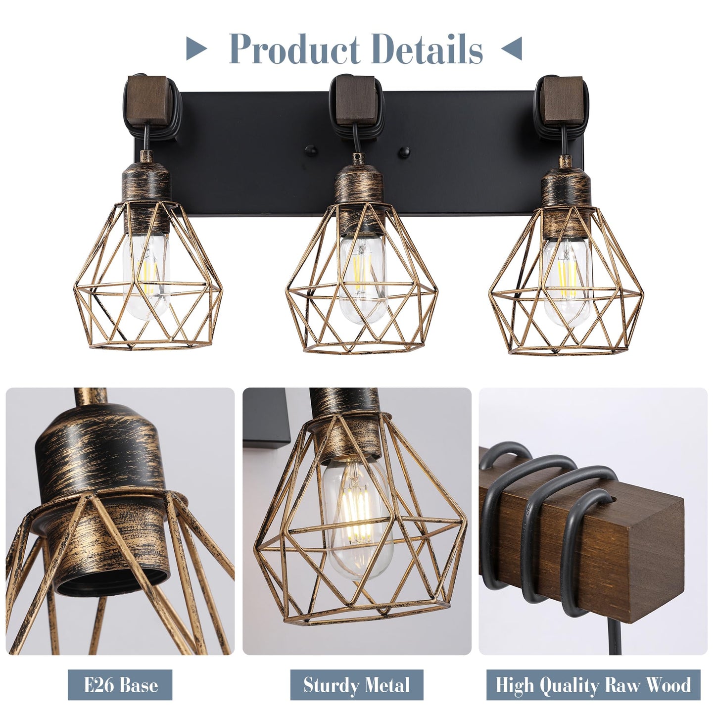 Farmhouse Bathroom Light Fixtures, 3-Light Bathroom Lighting Fixtures Over Mirror, Rustic Wood Black Gold Vanity Lights Wall Sconces with Metal Lampshade for Living Room