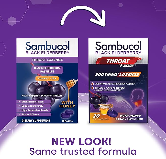 Sambucol Black Elderberry Throat Lozenges - Elderberry Cough Drops for Adults, Elderberry Zinc Lozenges Throat, Elderberry Lozenges - 20 Count