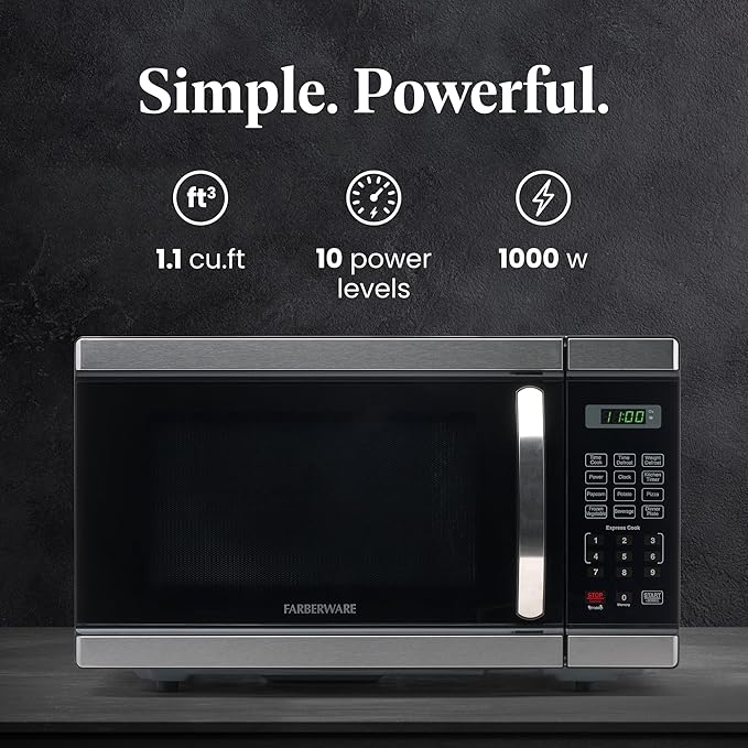 Farberware 1.1 Cu. Ft. Countertop Microwave Oven – 1000 Watt Power, Auto Cook Settings, Defrost, Easy Clean and Child Safety Lock - Stainless