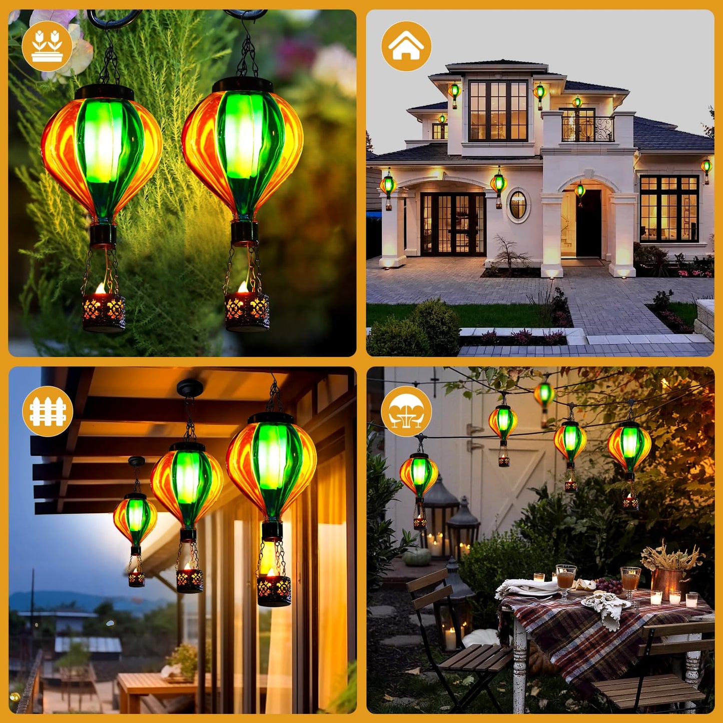 Hot Air Balloon Solar Lantern With Flickering Flame Christmas Gifts For Women Grandma Mom Outdoor Hanging Light Solar Decorative Air Balloon Lamp For Garden Patio Yard And Home (Blue & Yellow)