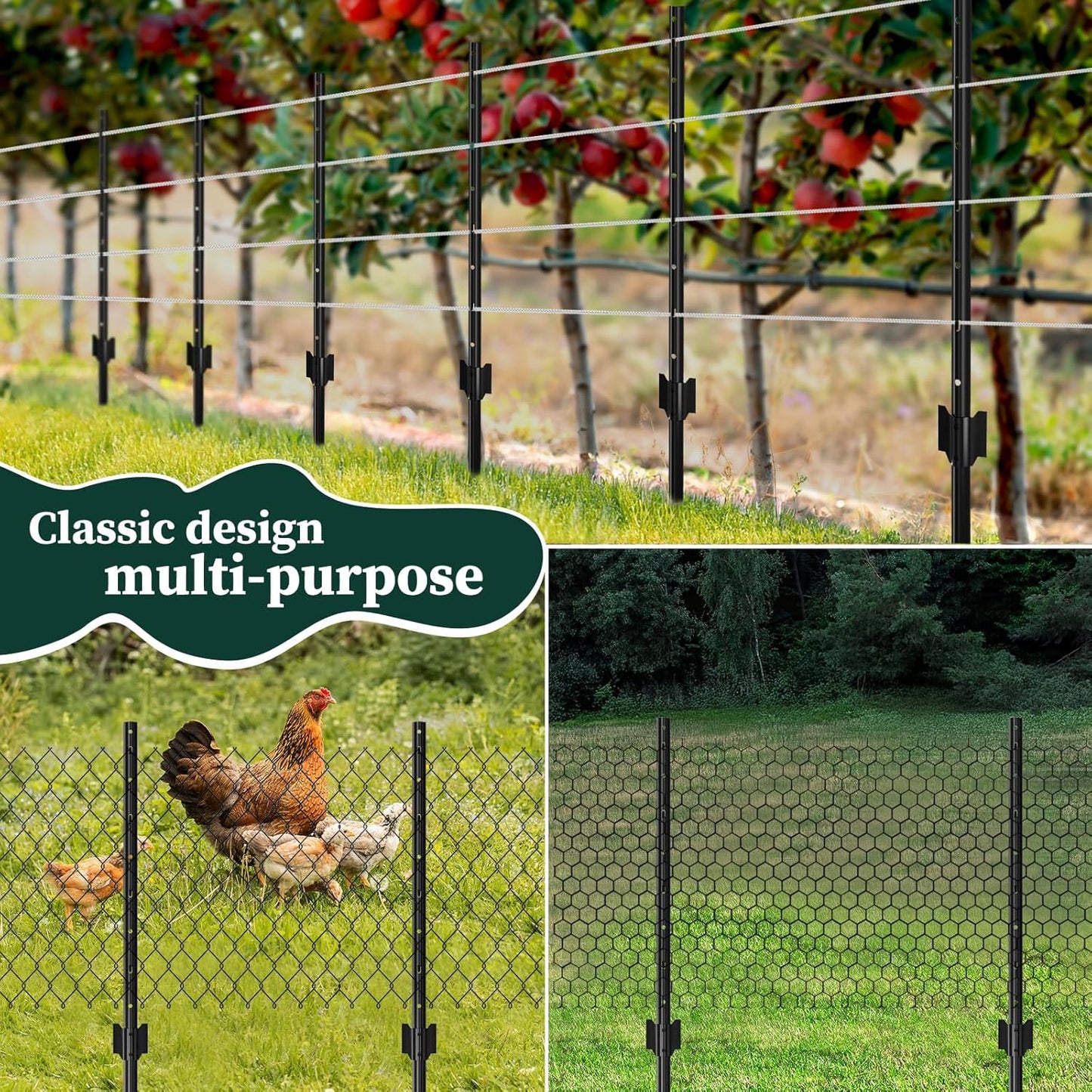 10 Pack Garden Fence Post, 3 Feet Heavy Duty Metal U-Post for Wire Fence, No Dig Garden Fence Stakes for Temporary Fencing, Electric Fence Wire, Corner Anchor, and More-Black