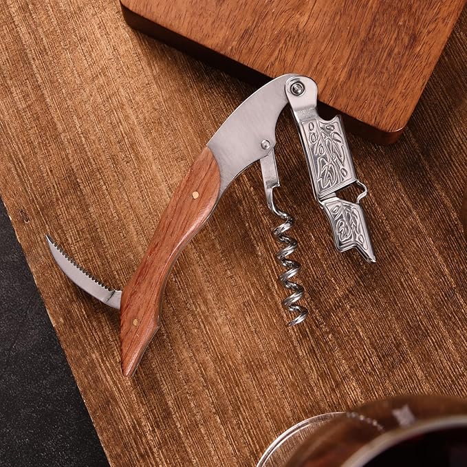 Wine Opener, Wine key, Corkscrew, Wine Bottle Opener w/Foil Cutter and Cap Remover for Servers, Bartenders, Waiters, Sommelier, Wine lover (Grape leaf patterned rosewood, Standard)