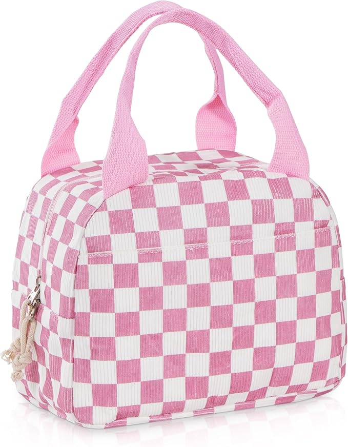 Lunch Bag for Women Checkered Insulated Lunch Box Reusable Cooler Bag Portable Cute Corduroy Leakproof Tote Bags for Travel, Work, and Picnic