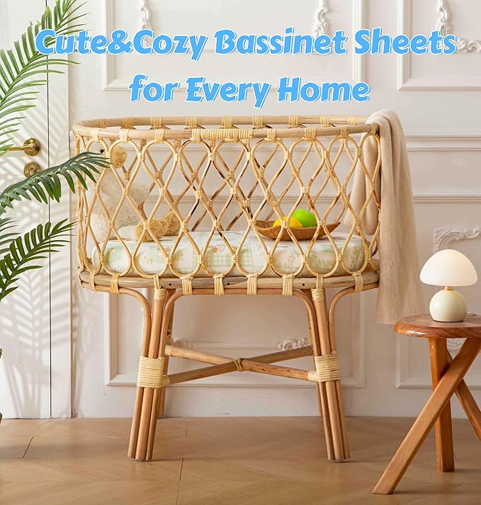 SDY Soft Bassinet Sheets Set 2 Pack for Baby Girl and Boy 32 * 16 * 4 inches,Universal Fit for Bassinets Baby Cradle Moses Basket Oval Rectangle Mattress Safe and Snug (Bear&Strawberry& Floral&Bow)