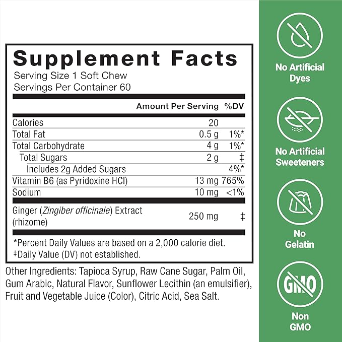 FORCE FACTOR Gentle Ginger Chews for Nausea Relief, Motion Sickness, and Morning Sickness, Ginger Supplement with Vitamin B6 for Digestive Support, Non-GMO, Honey Lemon Ginger Flavor, 60 Soft Chews