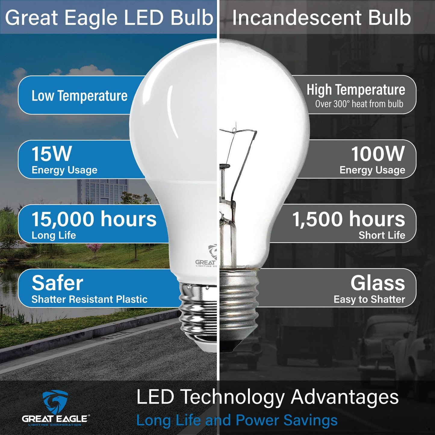 Great Eagle LED A19 Light Bulb 100W Equivalent 1500 Lumens 15-Watt 4000K Cool White 2 Pack