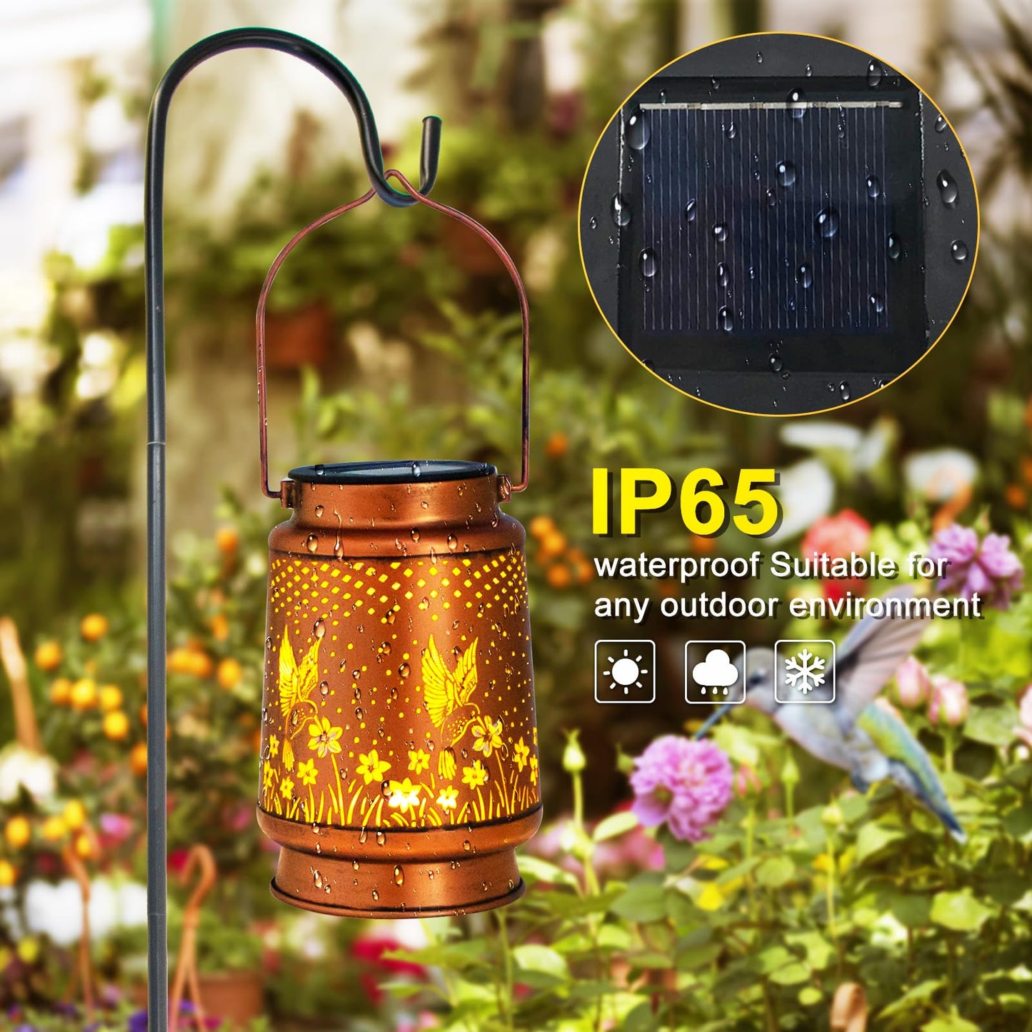 DIBIEECN Hummingbird Solar Lantern Lights - 2 Pack, Waterproof Metal Decor, LED, Bronze, Model MD-DOUBLE-02