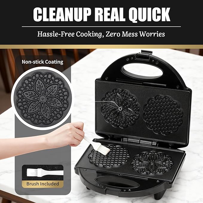 Pizzelle Maker with Non-Stick Coating, Electric Pizzelle Cookie Baker Press with Snowflake Pattern, Make Two 4 Inch Traditional Italian Waffle Cookies at Once, Recipe Included