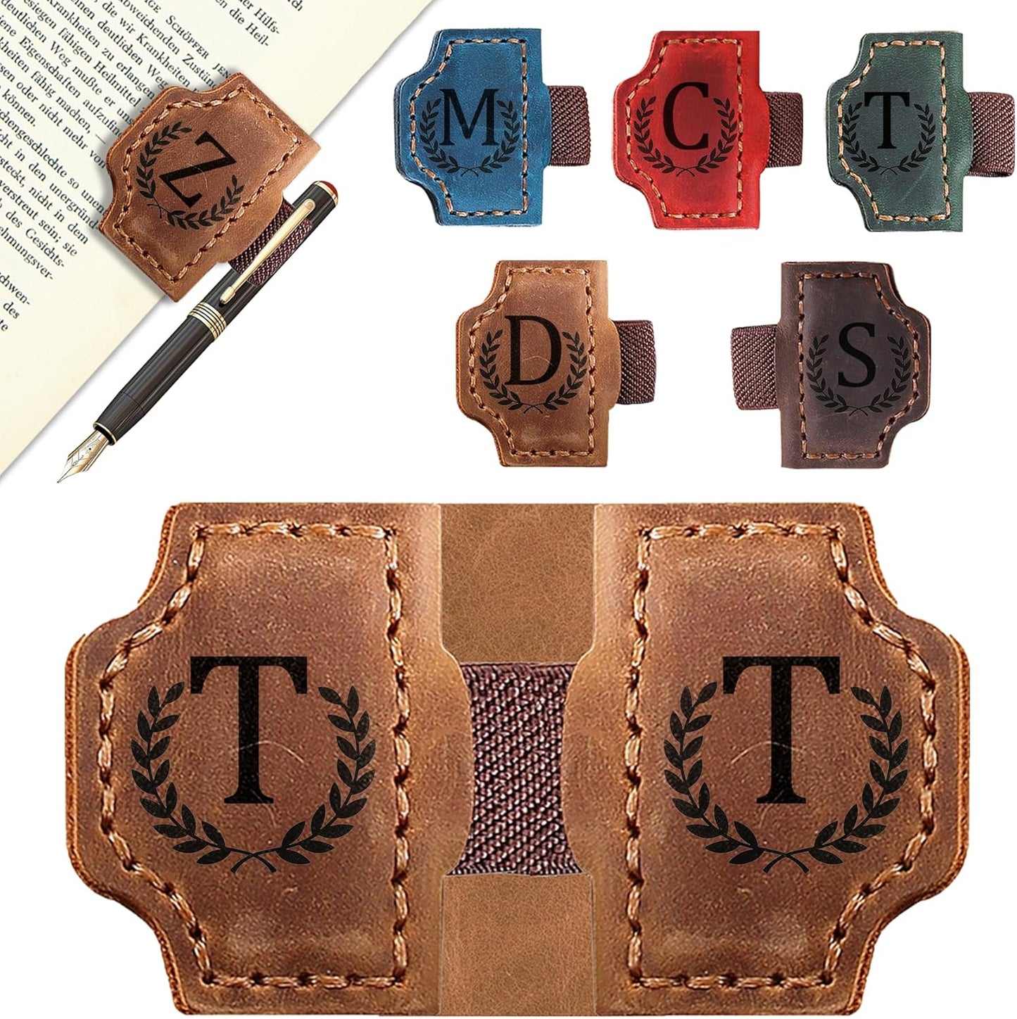 Bygone Mark Bookmark with Pen Holder, 26 Letters Name Initial Personalized Magnetic Bookmarks, Leather Book Mark for Men Women, Travelers Accessories, Teachers Readers Book Lovers Gifts (Brown, T)