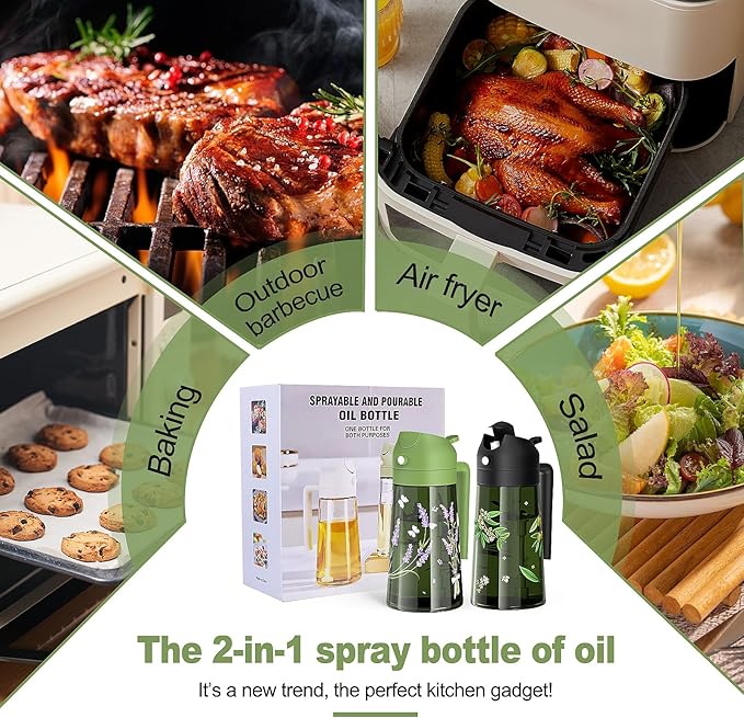 COOLMI Oil Sprayer for Cooking, 2 in 1 Olive Oil Dispenser Bottle Set for Kitchen, Food-Grade Glass Green Oil Vinegar Bottle Container - 16OZ/470ML Set of 2 (Black + Green)