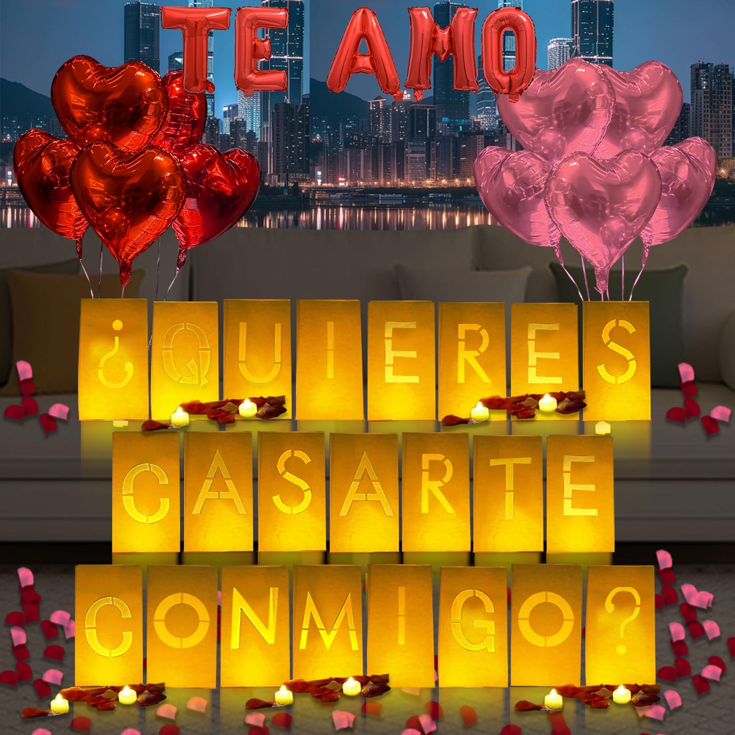 Quieres Casarte Conmigo? Lighted Letters Sign 17Pcs Luminary Paper Bags 2200Pcs Red Pink Artificial Rose Petals 48Pcs Flameless Led Candle Tealight 15Pcs Heart Balloons Romantic Night ValentineS Day