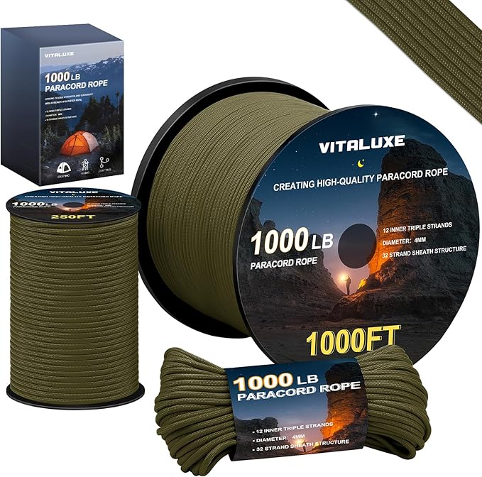 VITALUXE 1000lb Paracord Rope, 4mm 12 Triple Strands Paracord, Heavy Duty Tactical Parachute Cord for Survival Gear, Campi...