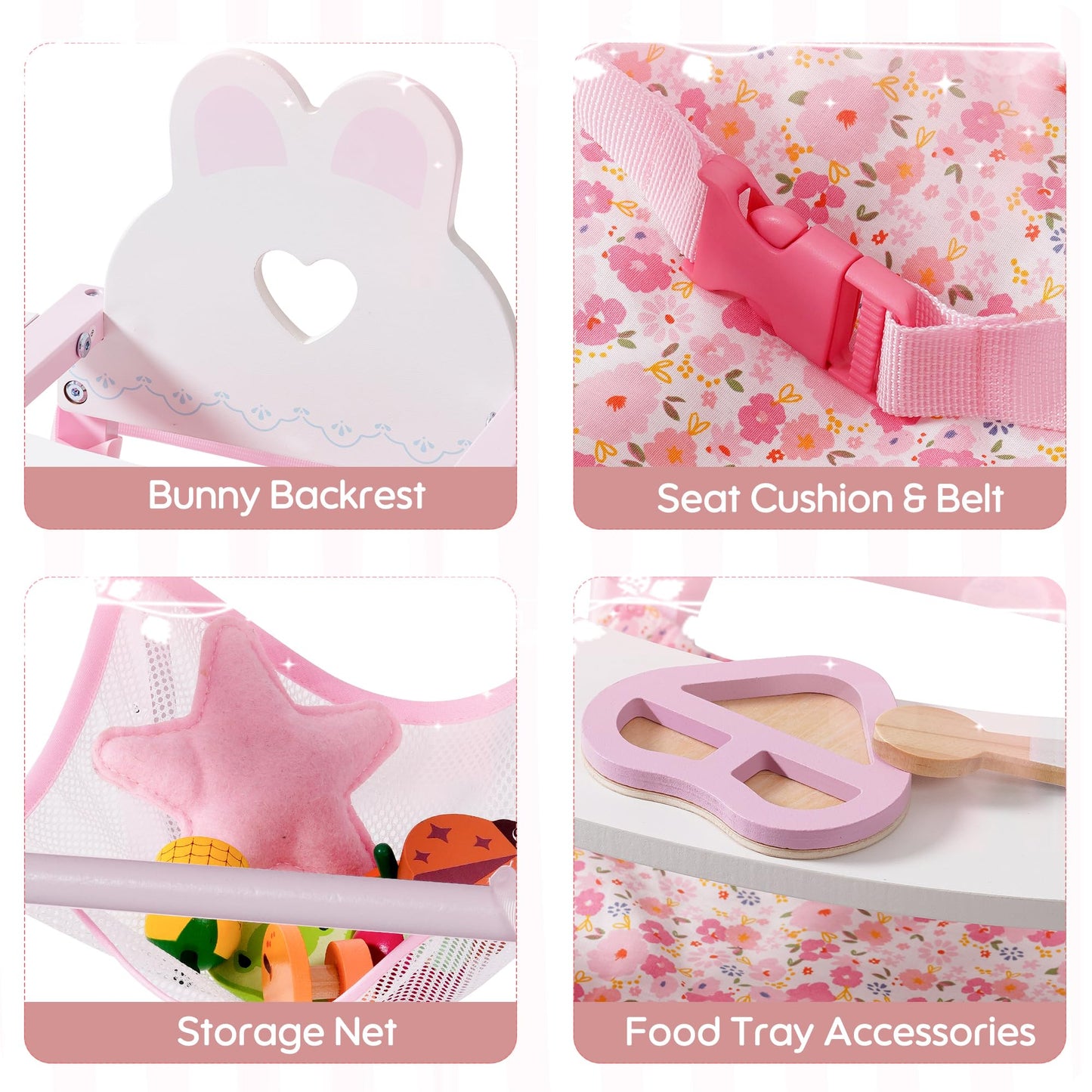 ROBOTIME Wooden Baby Doll High Chair – Pretend High Chair Toys for 18" Dolls – Doll Feeding Chair Toy with Tray – Baby Doll Furniture for Girls Ages 3+