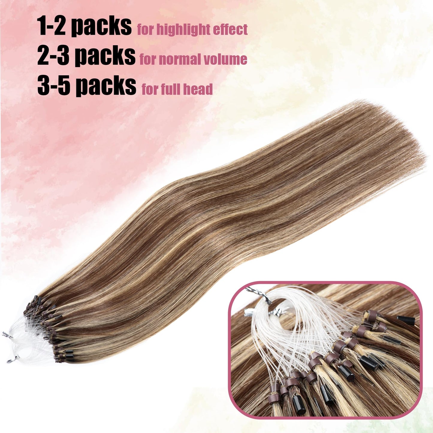 Kpvxxve 24 Inch Human Hair Extensions Micro Beads Hair Extensions Ombre Remy Human Hair Brown with Bleach Blonde Micro Loop Huma