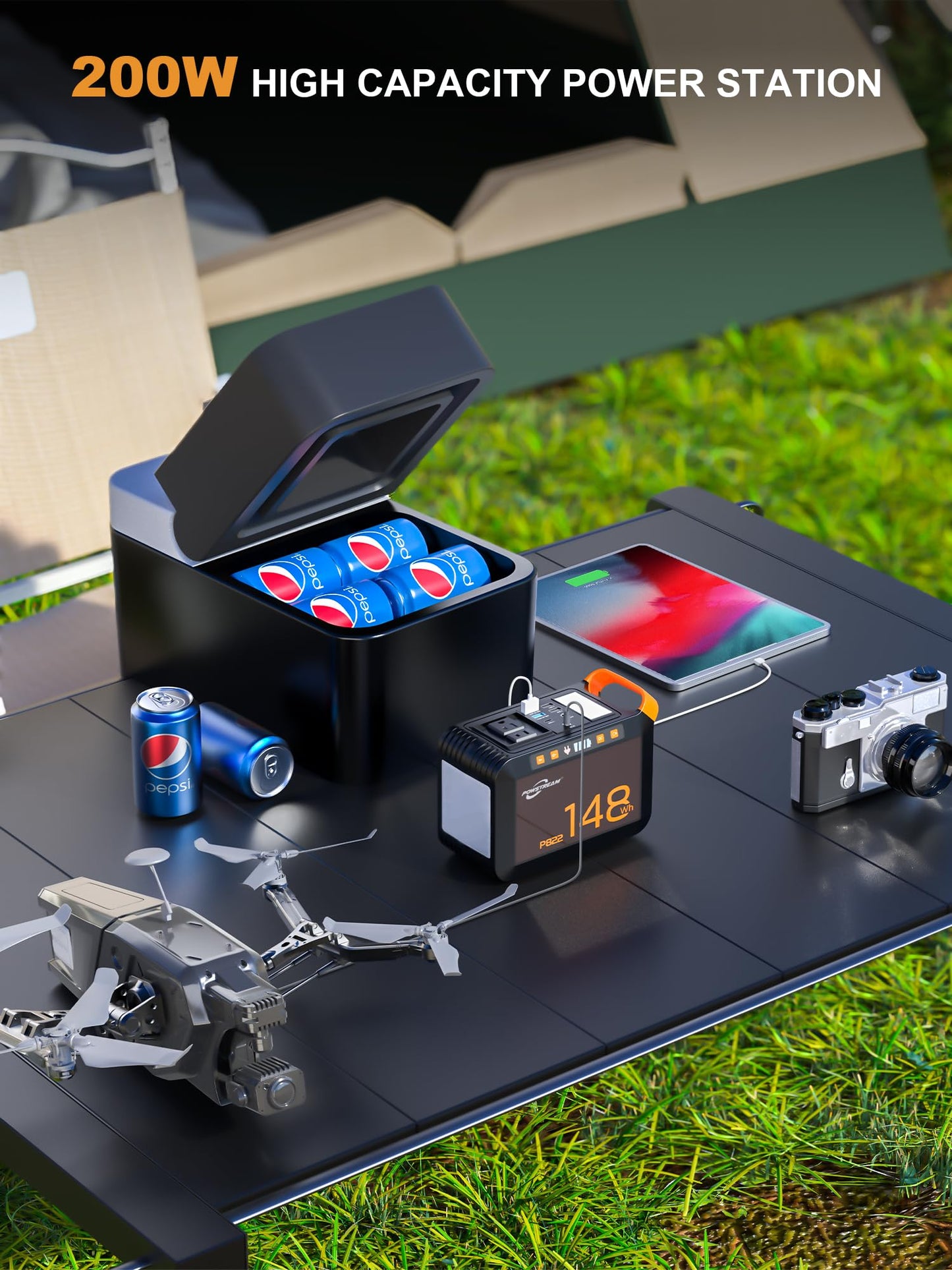 Powstream-200W-Portable-Power-Station-Outdoor-Emergency - 148Wh Camping Solar Generator Laptop With Ac Outlet 110V Dc, Usb Qc3.0