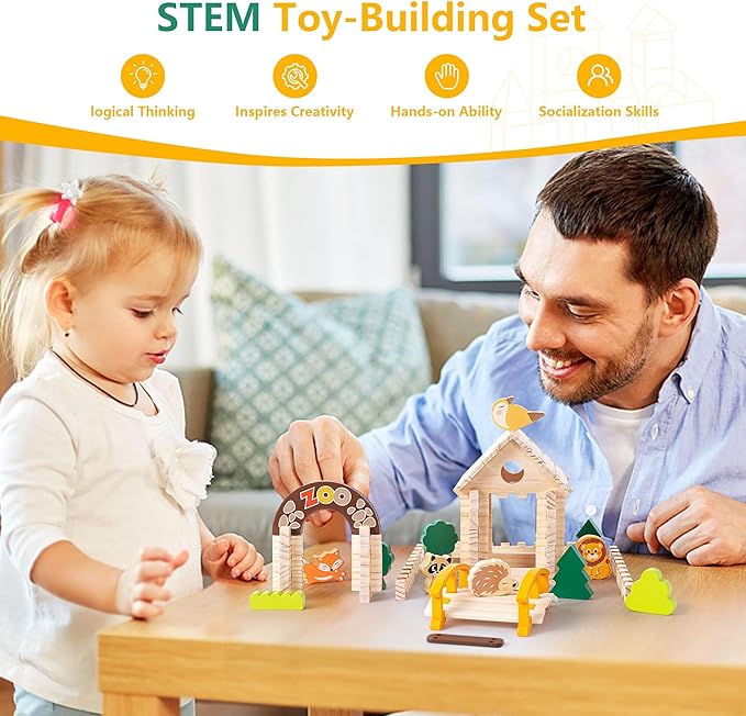 168 Pcs Wooden Blocks Toys with Grass and Small Animals,Classic Old Fashioned Toys,Wooden Building Blocks for Kids Ages 3-9 Boys and Girls