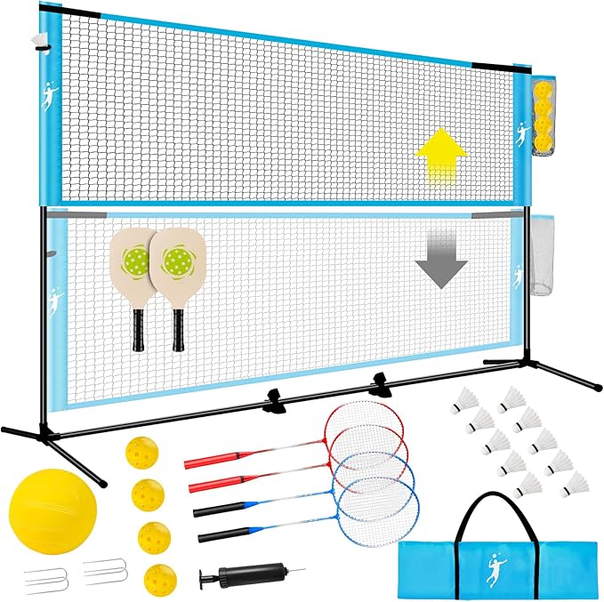 KIKILIVE Pickleball Badminton Net Set for Backyards, All-in-One Portable Volleyball Combo Set with Adjustable Net, Volleyb...