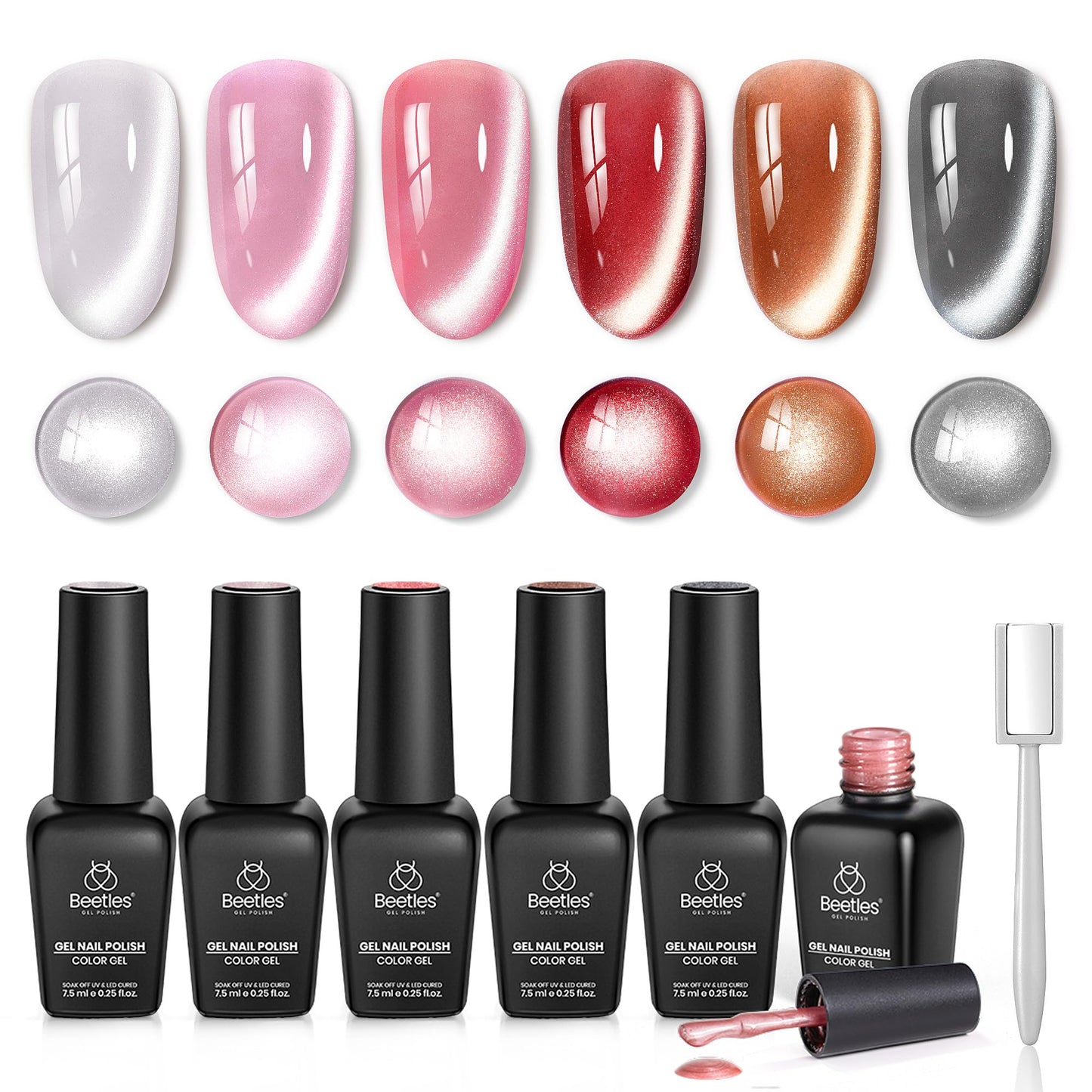 Beetles Cat Eye Gel Nail Polish Set - 6 Colors Silver Pink Red Brown Black Glitter Cat Eye Fall Gel Polish Kit Translucent Effec
