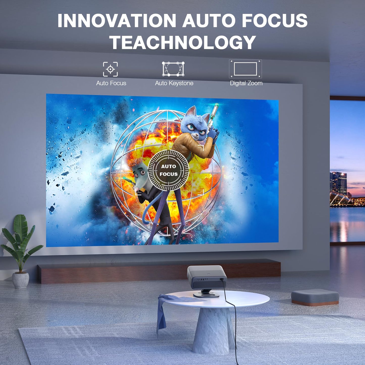 [2200ANSI & Compatible with Netflix] 4K Projector with WiFi and Bluetooth,3D Dolby Audio and Auto Focus Smart Projector, AuKing Outdoor Movie Home Theater Proyector with Omni-Adjustable Stand