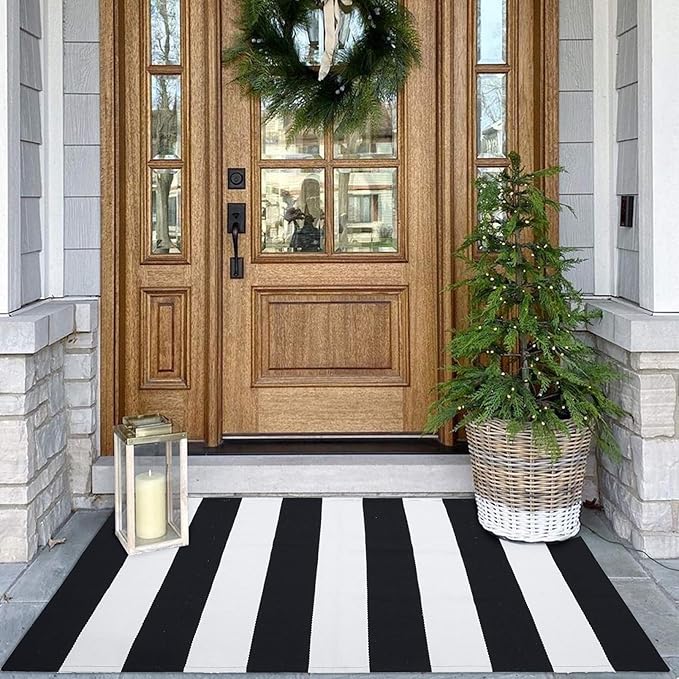 KOZYFLY Black and White Area Rug 27.5x43 Inches Striped Front Door Rug Cotton Washable Indoor Outdoor Rug Doormats Outdoor...
