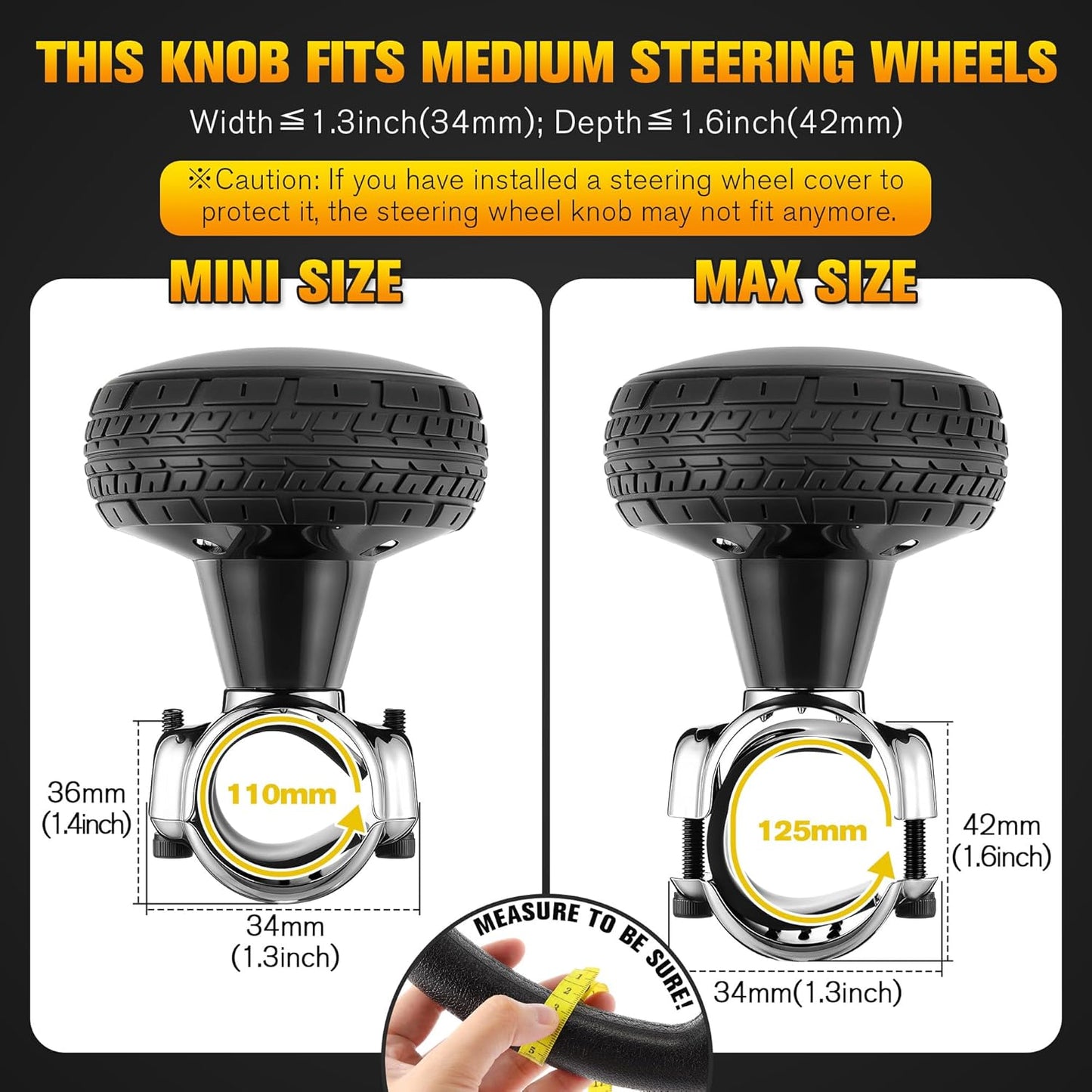 2 Pack Large Steering Wheel Knob Spinners, Vehicle Steering Wheel Spinner Ball Durable Suicide Knob for Car, SUV, Trucks, Tractors, Boat etc (Black)