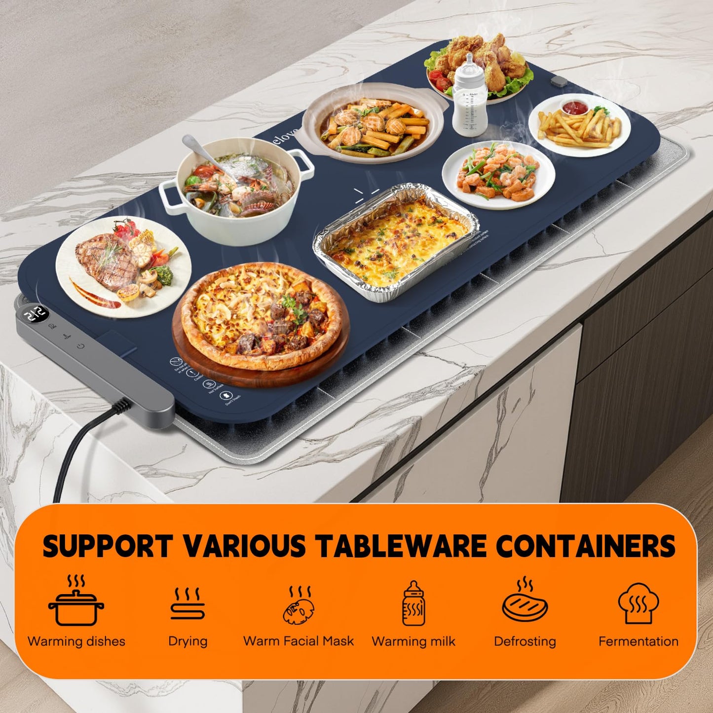 Homelove Warming Mat for Food - Electric Warming Tray with 6-Level Temperature and Hours Setting, Full Surface Graphene Heating, Waterproof Dishwasher-Friendly Food Warmer for Parties, Kitchen (Blue)