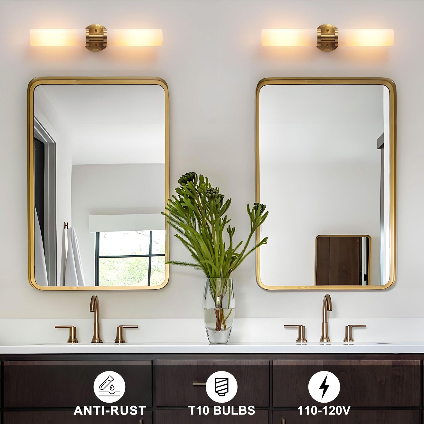 KUZZULL Wall Sconces Set of 2, Brass Gold Modern Lighting with White Glass for Bathroom, Living Room, Hallway, Bedroom