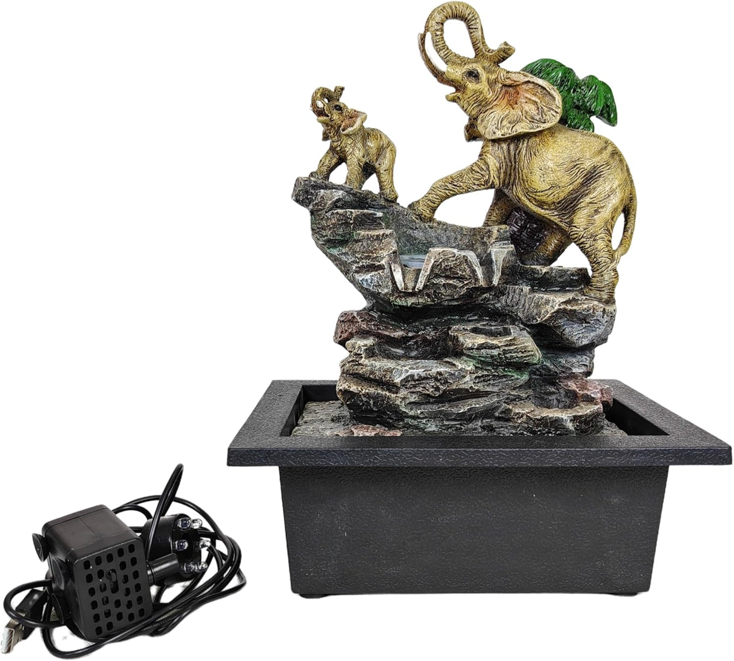 Decorative Elephant Cascade Tabletop Fountain with LED Globe, 3-Tier Design, A Quiet and Soothing Indoor Desktop Fountain