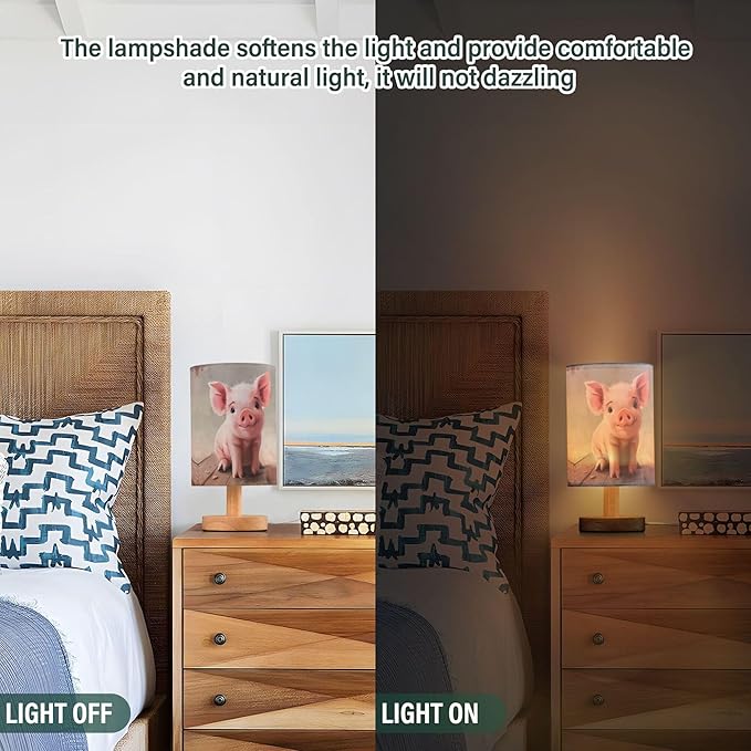 Table Lamp Cute Pink Pig Farm Animal Nightstand Lamp with Wood Base Fabric Lamp Shade Bedside Desk Lamp for Living Room Bedroom Kids Room Office