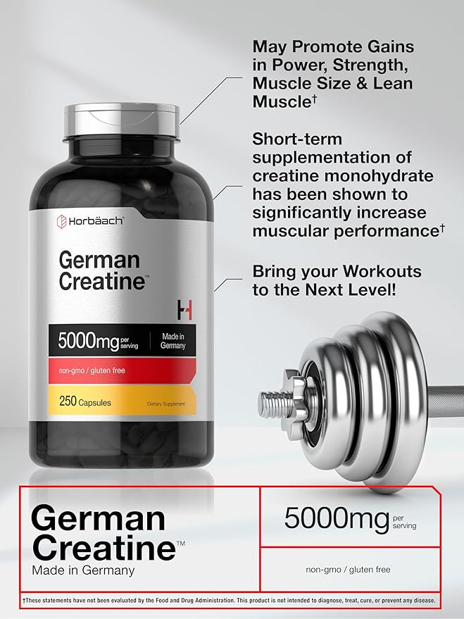Horbäach German Creatine Monohydrate 5000mg | 250 Capsules | Non-GMO, Gluten Free Supplement
