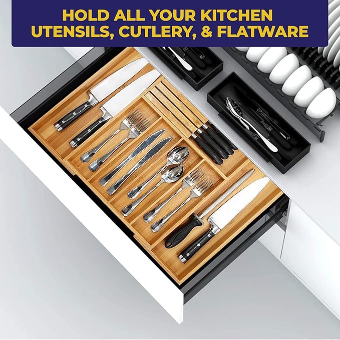 NEW Bamboo Wood Drawer Organizer with Silverware and Knife Block - 12.75-22 x 17 x 2 In (Brown)