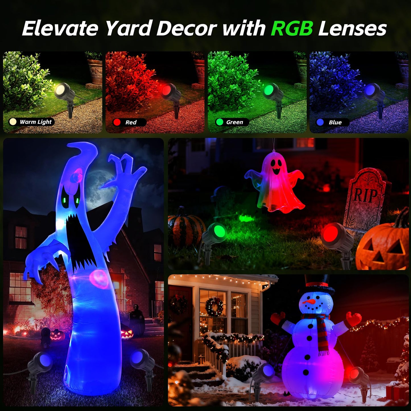 Holeva Spotlight Outdoor – 120V Plug-in, 2700K Warm White LED Landscape Spot Lights with RGB 3 Lenses for Yard, Garden, Lawn&Tree Decor, IP67 Waterproof, Perfect for Holidays&Everyday (2 Pack, Green)