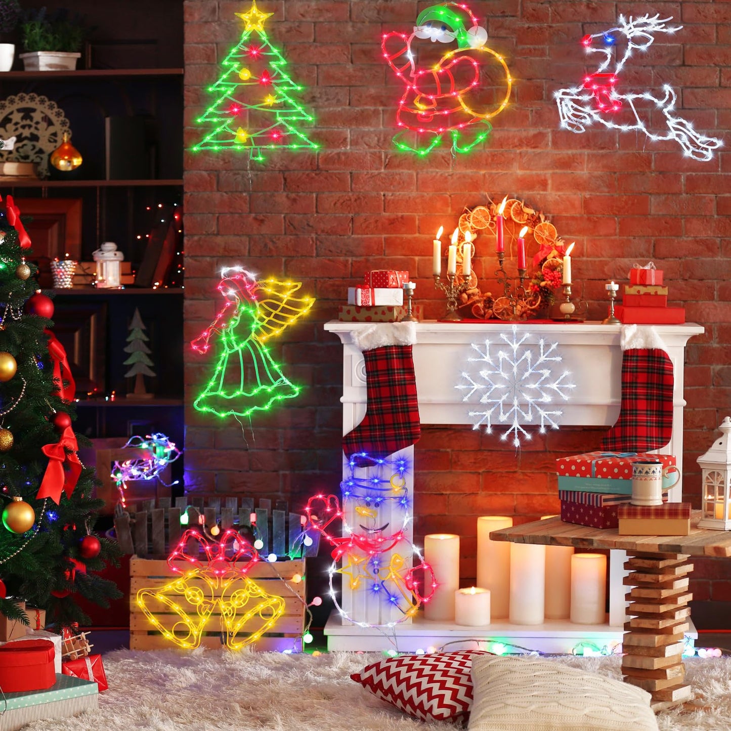 Trwymz Christmas Decorations - 16 Christmas Window Silhouette Lights - 4 Pack Colour Lighted Bell & Snowflake & Reindeer & Christmas Tree For Holiday Indoor And Outdoor Wall Door Window Decorate