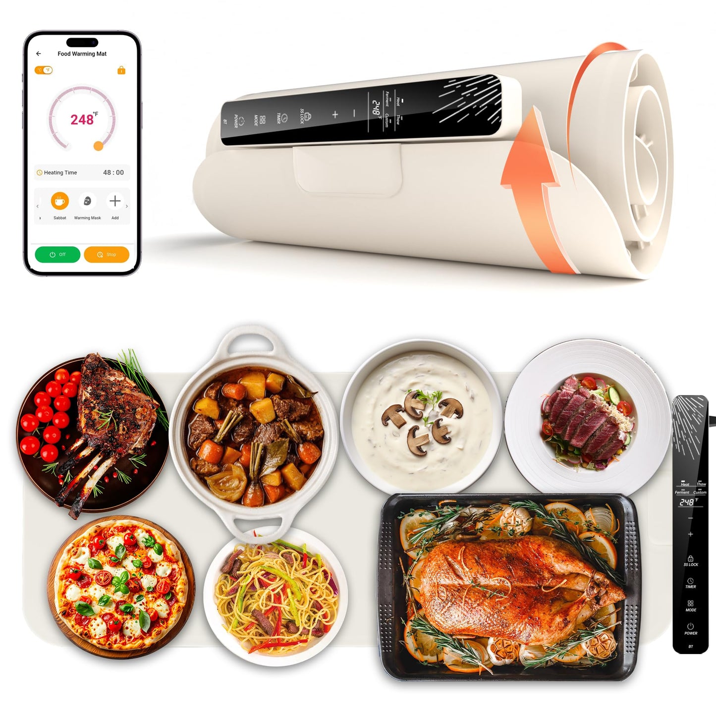 Monteka Warming Mat for Food 37"×15", Electric Warming Trays with APP & Button Control, Silicone Fast Heating Mat for Countertop, Rollable Dishwasher Safe Food Warmer for Parties Buffets Home Travel