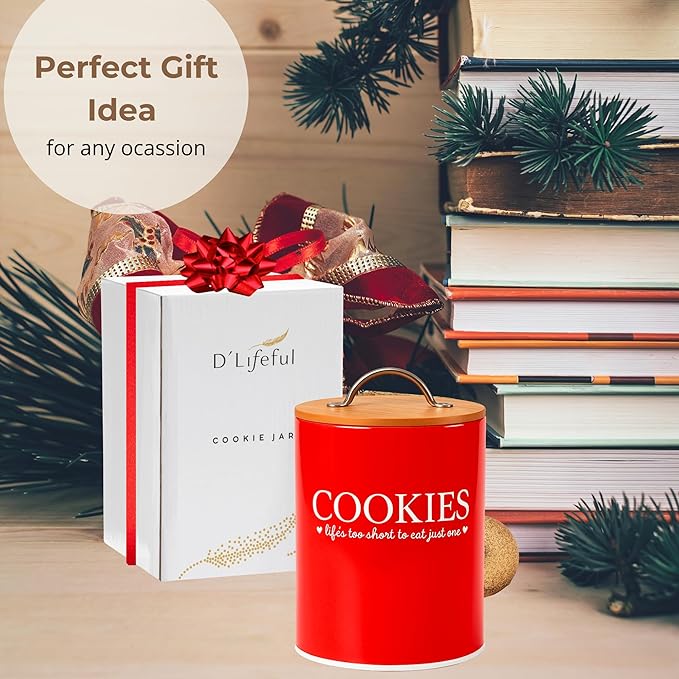 D'Lifeful Cookie Jar with Airtight Bamboo Lid – 0.6 Gallon Cute and Decorative Cookie Storage for Kitchen Countertop – Farmhouse Storage Tin for Freshness – Great Gift Idea - Red