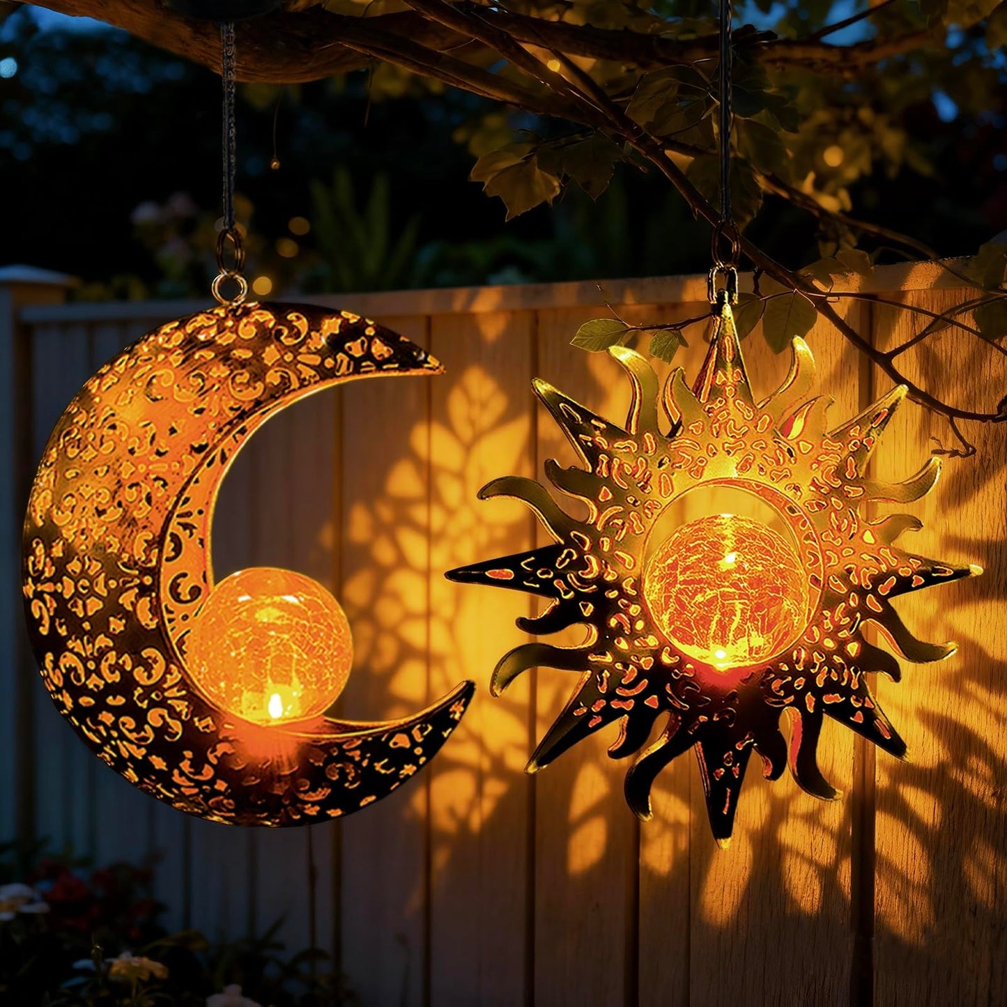 Qcf Solar Hanging Sun And Moon Lights Garden Outside Decor 2 Pack Metal Lanterns Outdoor Sunflower Art Decorations For Porch Backyard Patio Wall Tree Unique Gardening Gifts For Women Mom Grandma