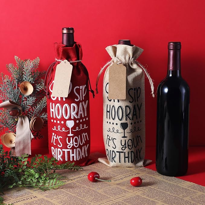 SIRIPHUM Burlap Wine Bags,2PCS Birthday Wine Bottle Gift Bags,Drawstring,Gift Tags,Bottle Cover Tabletop Birthday Party Decor (“Sip Sip Hooray”-Red)