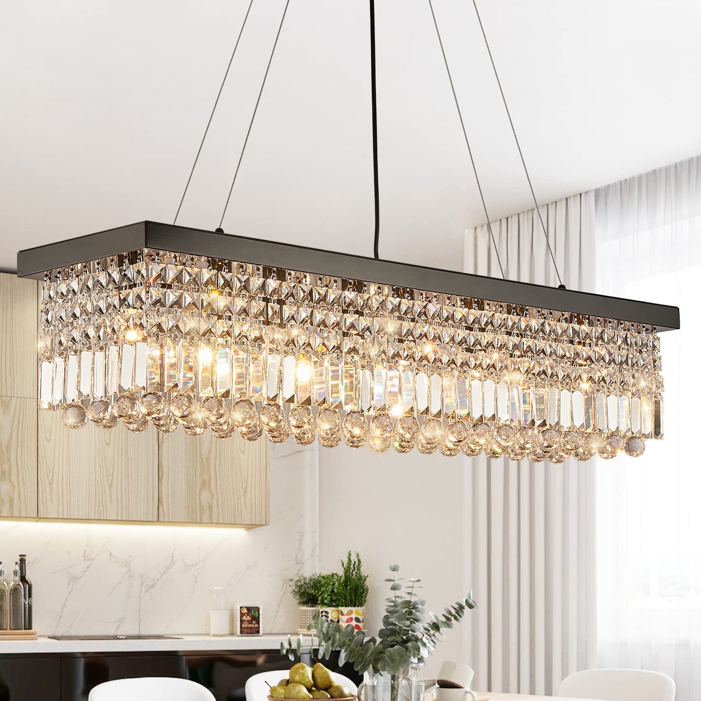 7Pm K9 Crystal Chandelier - Modern Rectangular Pendant Lighting, L40 X W10 X H10, Black Stainless Steel, Model Cl010842