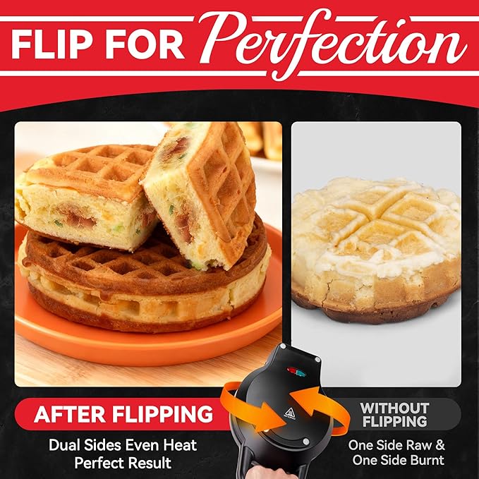 6" Stuffed Waffle Maker Rotating, Flip Waffles Maker Machine with Removable Waffle Ring, Ceramic Coated Belgian Waffle Maker for Kids, Waflera Electrica, Waffle Iron, Graphite