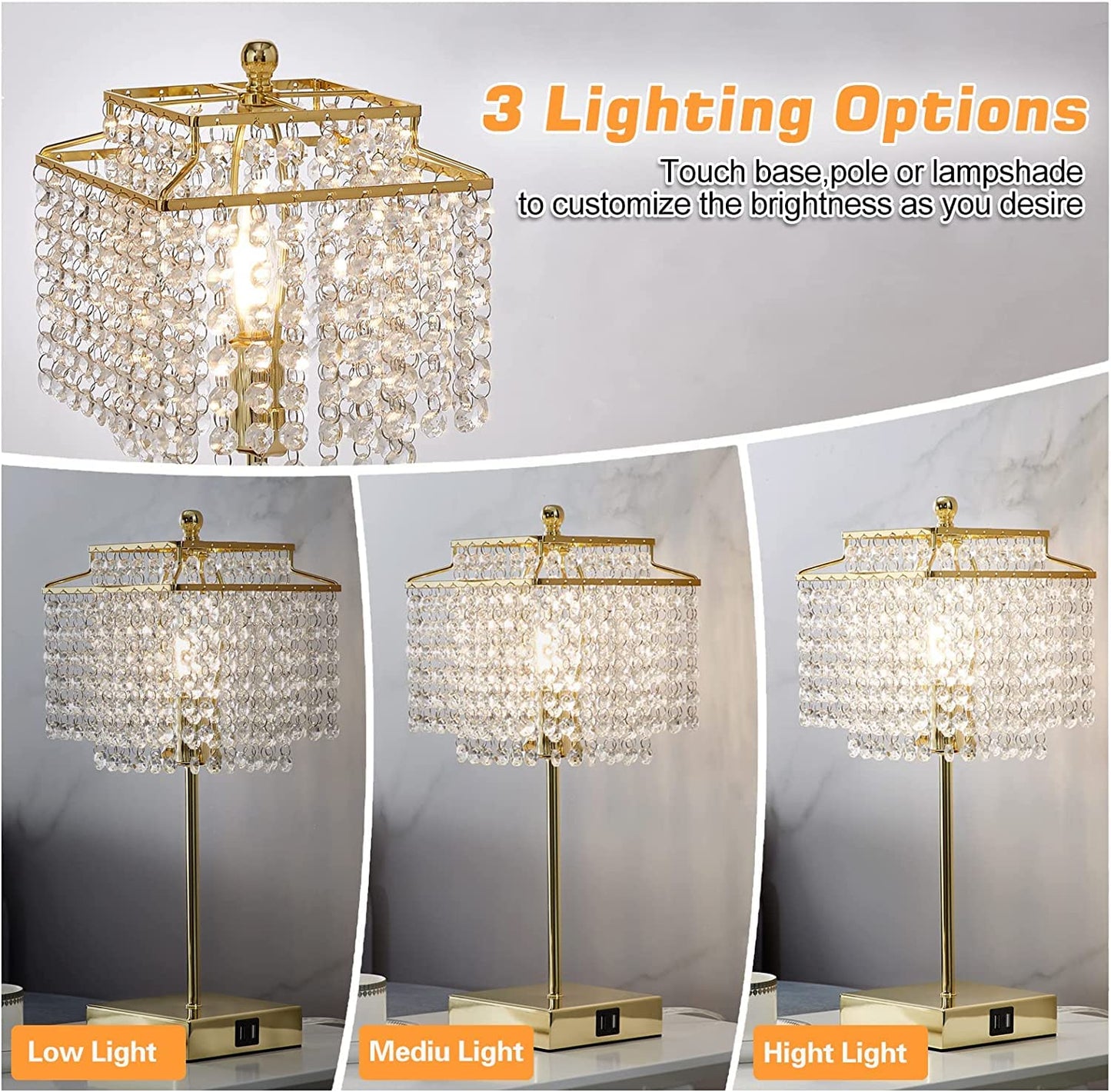 Luvkczc Crystal Table Lamp, Touch Control, 3-Way Dimmable, 6W LED Bulb Included, Gold Finish