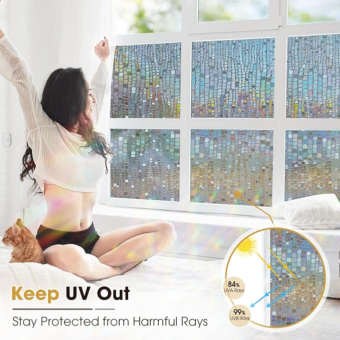 Windimiley Rainbow Window Privacy Film, 3D Stained Glass Christmas Decorative Window Clings, UV Heat Blocking Holographic Prism Stickers for Home (17.5 x 78.7In,Brown)