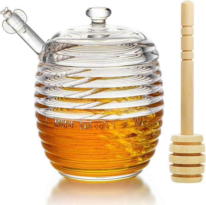 kanpura 9oz Glass Honey Dispenser, Glass Honey Jar with Dipper,Clear Crystal Honey Pot for Christams Home Kitchen Decor,Store Honey and Syrup,Easy to Clean