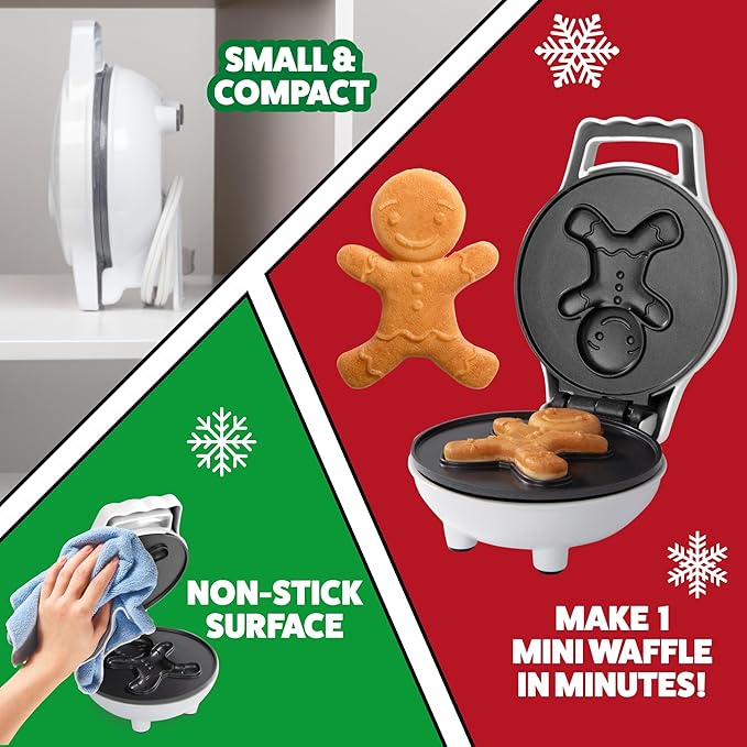 Gingerbread Man Mini Waffle Maker- Make this Christmas Special for Kids w Festive 4" Waffler Iron, Electric Nonstick Breakfast Appliance for Xmas Holiday Season, Fun Gift or Dessert, Stocking Stuffer