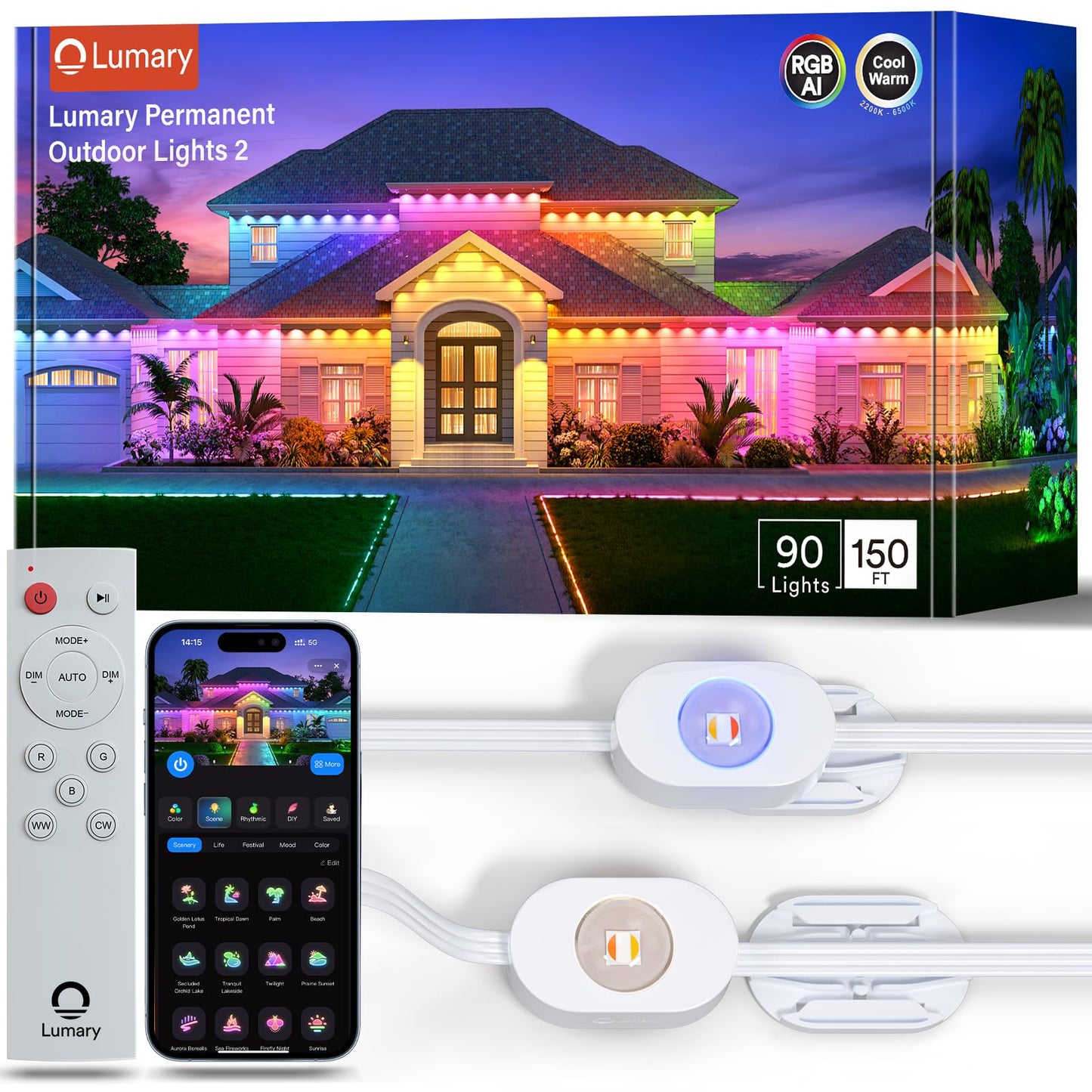 Lumary Smart Permanent Outdoor Lights 2 With Remote & Slide-Base  150Ft With 90 Rgbaicw Leds 5400Lm For Daily & Accent Lighting  110+ Scene For Halloween Christmas Decor  Work With Alexa Google  White