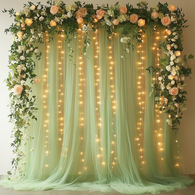 EaziCozi Sage Green Tulle Backdrop Curtain with Lights String - 10x10ft Sheer Backdrop with 300 LEDs for Wedding, Baby Sho...