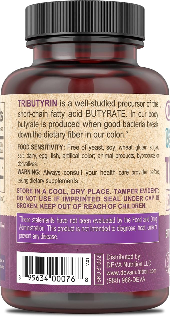 DEVA Vegan Tributyrin Supplement - Butyrate Precursor, Gut Barrier Support, Butyric Acid, 500 MG Vegan Capsules, Leaky Gut Support, Digestion, 90 Count (Pack of 2)