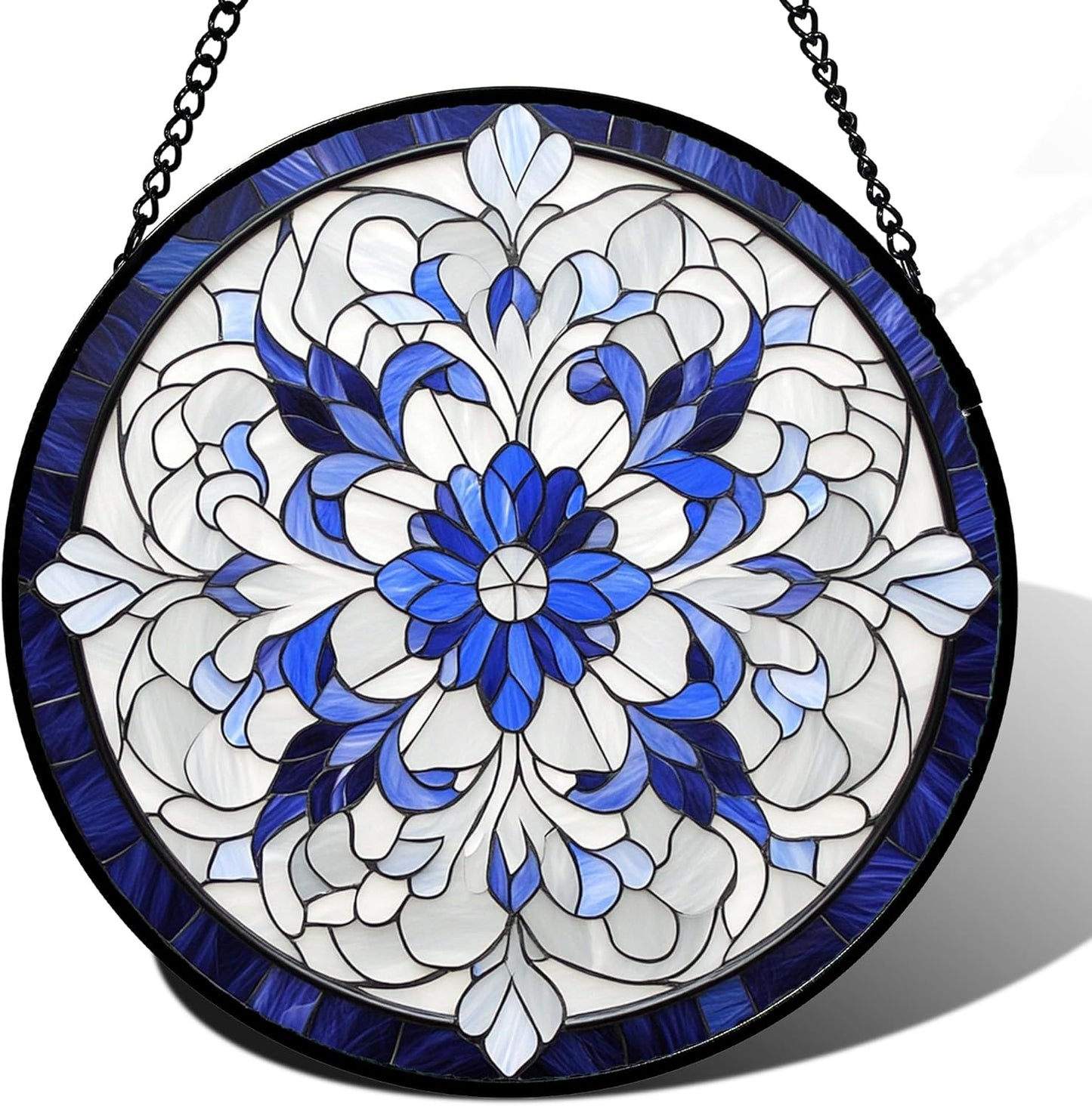 Stained Glass Window Hanging - Blue White Boho Flower Suncatcher for Door Garden Yard Sun Catchers Decor Christmas Mother's Day Birthday Gifts for Women Mom Nana Friend Teacher 11.8 in